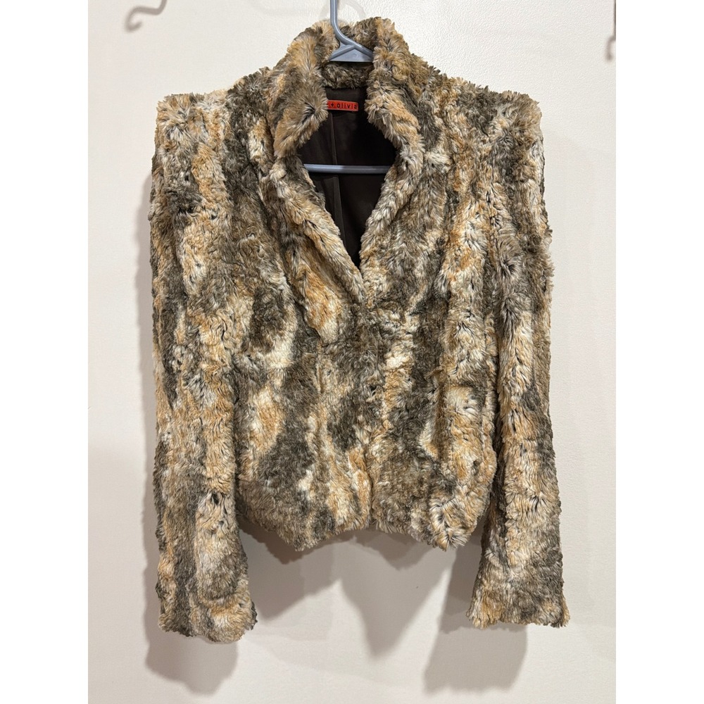 Alice+Olivia Multi Color Faux Fur Cropped Jacket Brown Tan Mob Wife Luxe Glam S